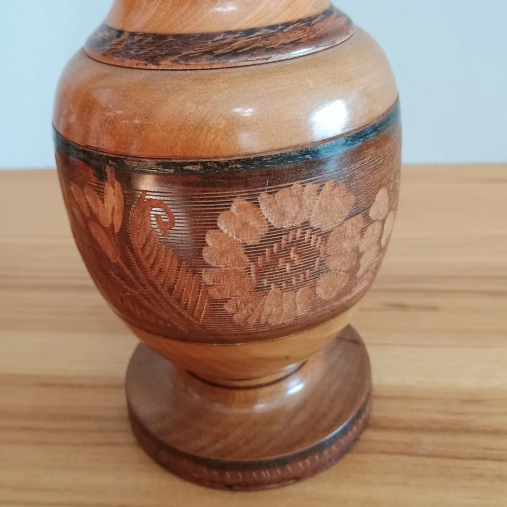 Vintage Hand Carved Cozumel Wood Vase Floral Design Mexican Folk Art 10